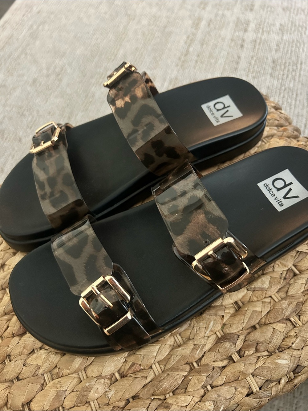 Dolce Vita Leopard-Print Double Strap Slide Sandals - Black & Brown